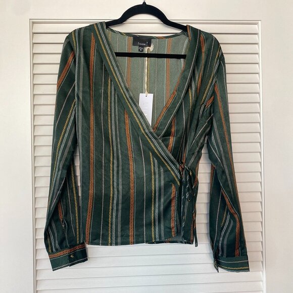 NWT Lumiere Satin Wrap V-Neck Top, Green Rust Yellow White Striped, Size S - Picture 1 of 8